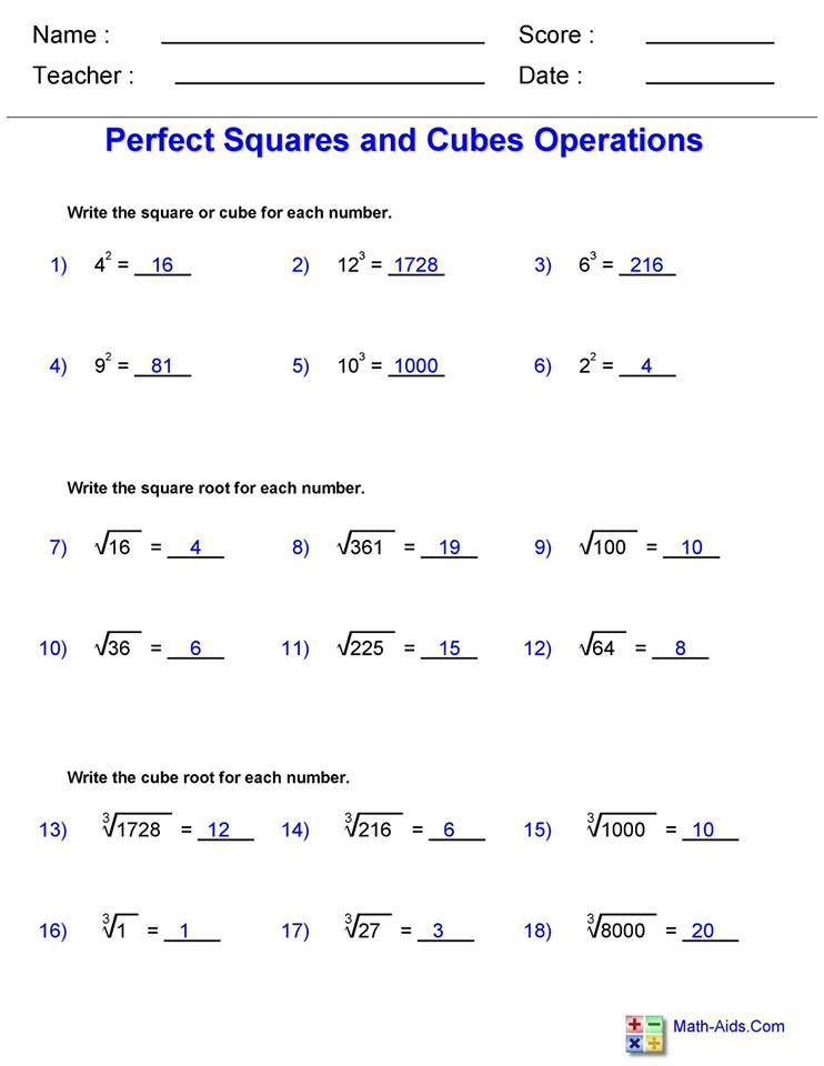 Square and Cube Roots worksheet 3 answers Hoeden at Home