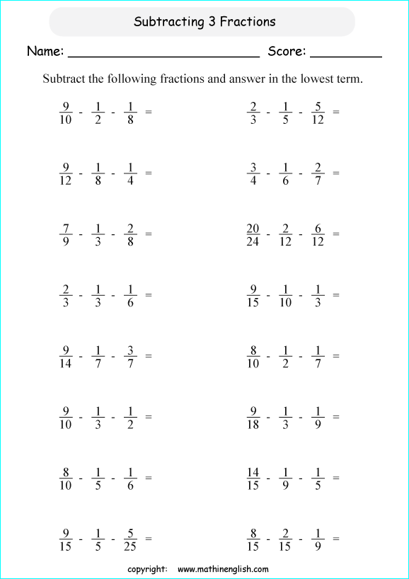 Addition And Subtraction Of Fractions Worksheets Grade 6