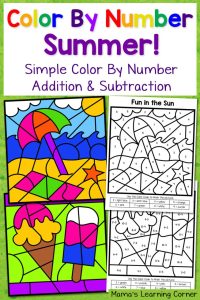 Summer Color By Number Worksheets with Simple Numbers Plus Addition and