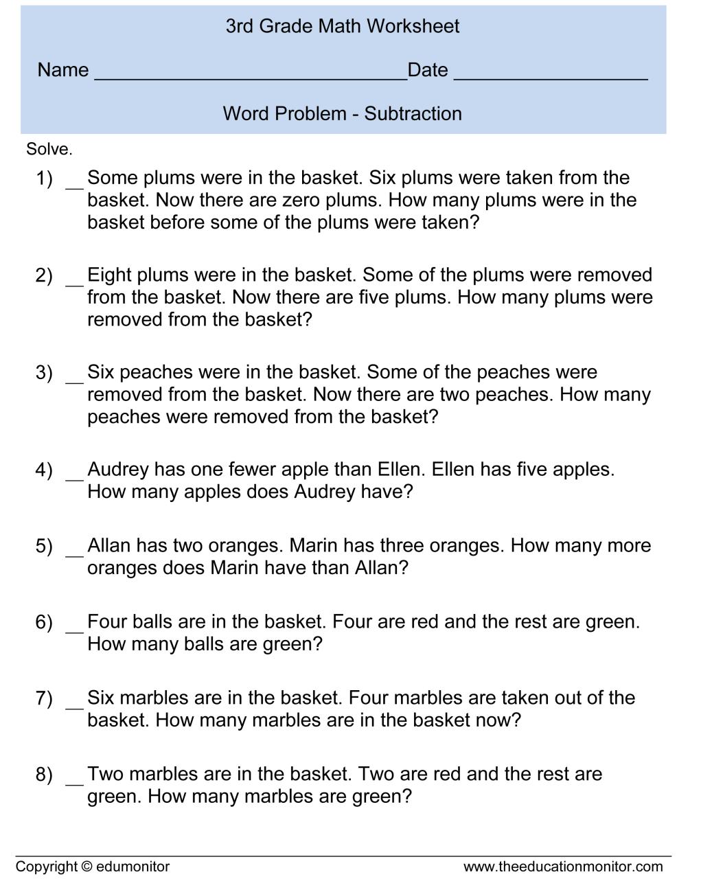 Addition And Subtraction Worksheets For 3Rd Grade Word Problems