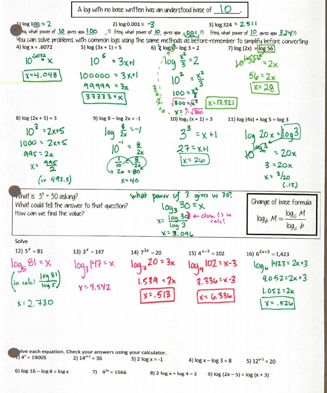 Logarithmic Functions Worksheet Algebra 2