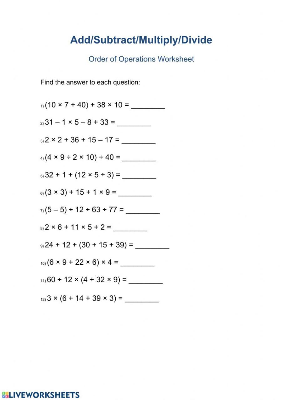 Order Of Operations Math Worksheets Grade 6