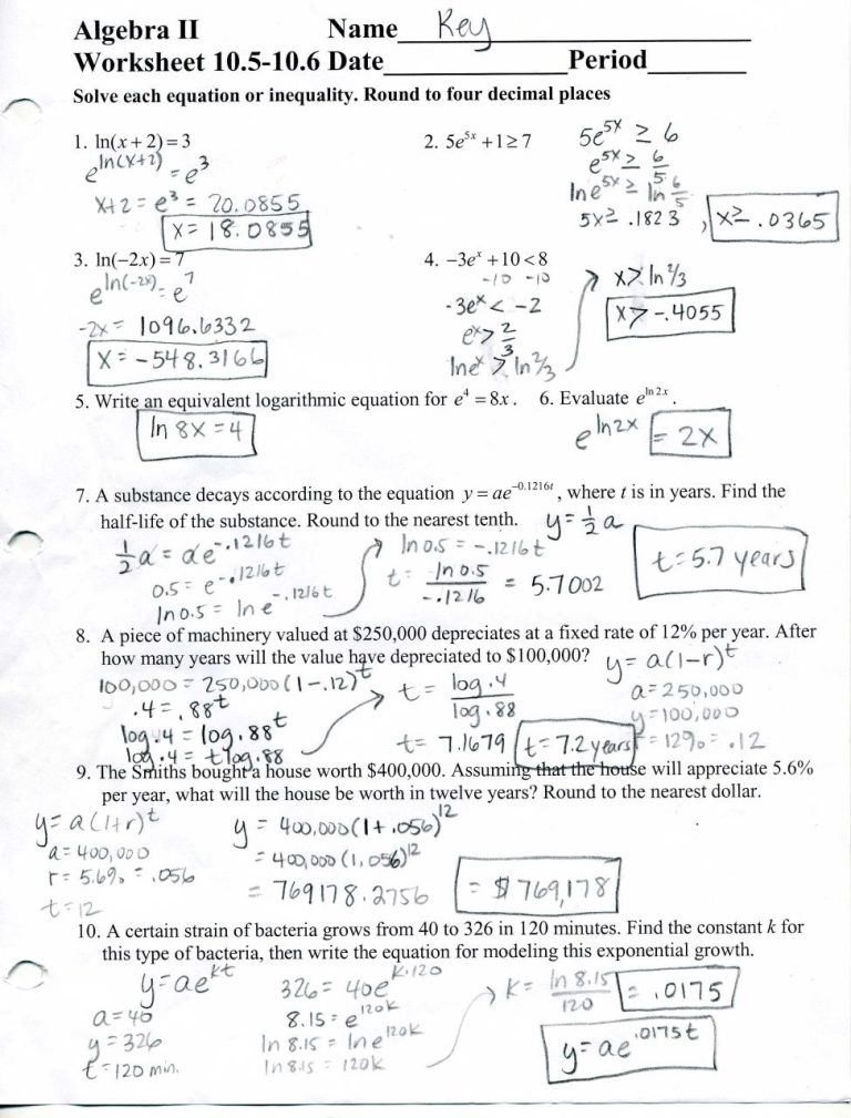 Algebra Worksheet 2.5 Answer Key