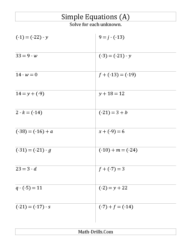 Solve One Step Equations with Larger Values (A) Algebra Worksheet