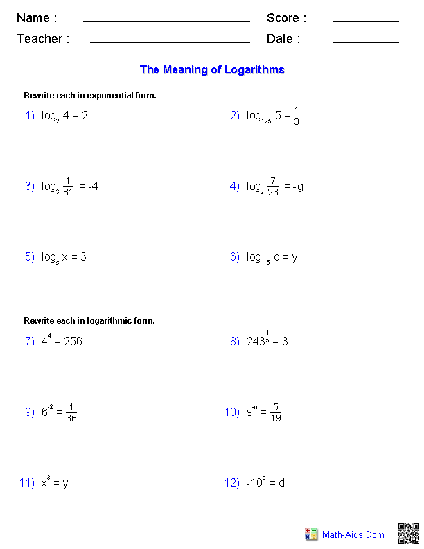 Exponential And Log Functions Worksheet Answers