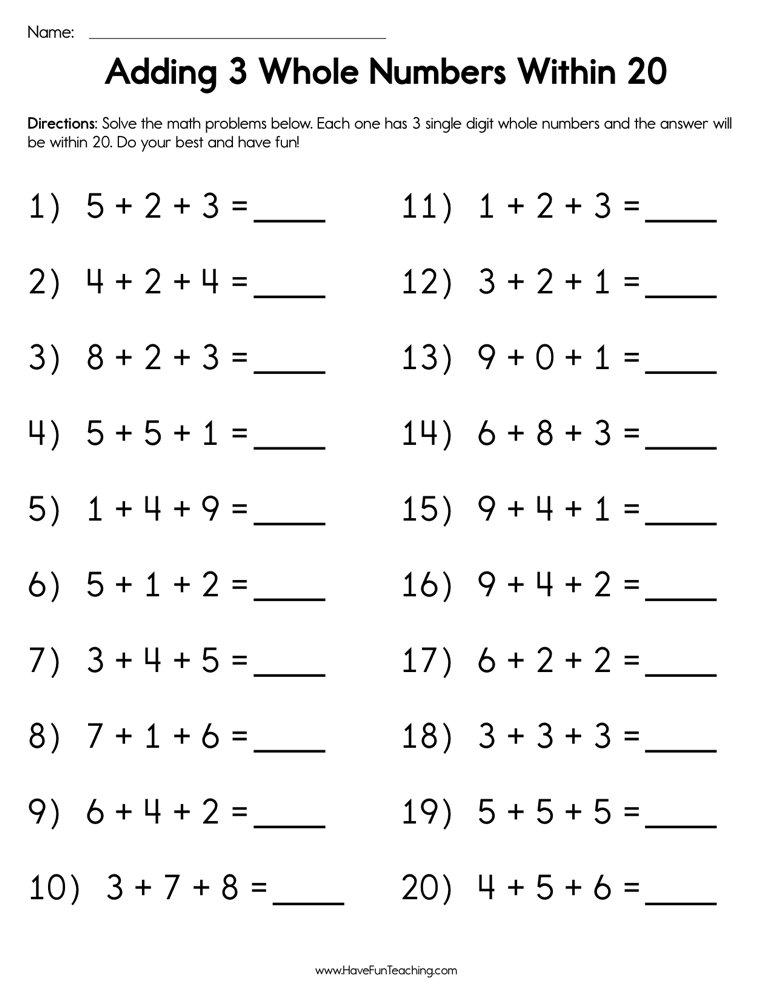 Adding 3 Whole Numbers within 20 Worksheet • Have Fun Teaching