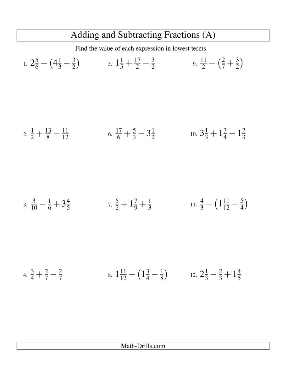 Fraction Worksheets Addition And Subtraction