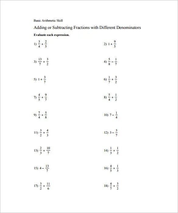 Addition And Subtraction Of Fractions Worksheets Pdf