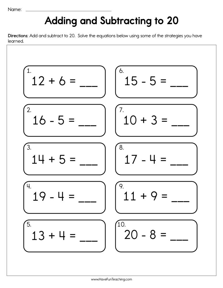 Adding and Subtracting to 20 Worksheet • Have Fun Teaching