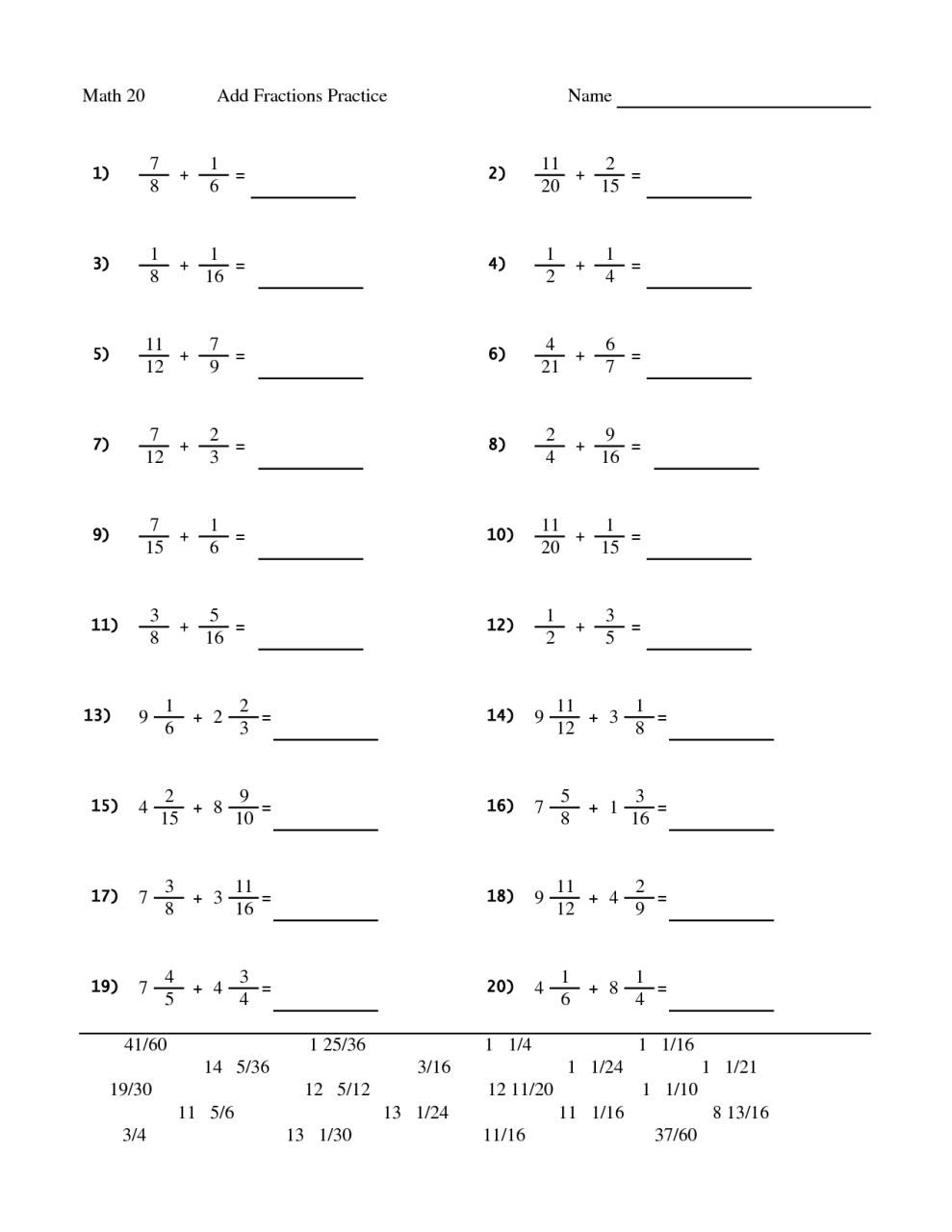 Addition And Subtraction Of Fractions Worksheets With Answers