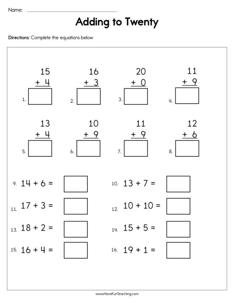 Addition Within 20 Worksheets Free