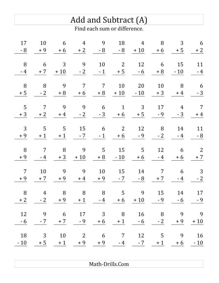 Addition And Subtraction Through 20 Worksheets