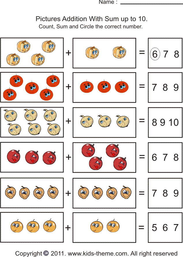 Addition Worksheets With Pictures Up To 10