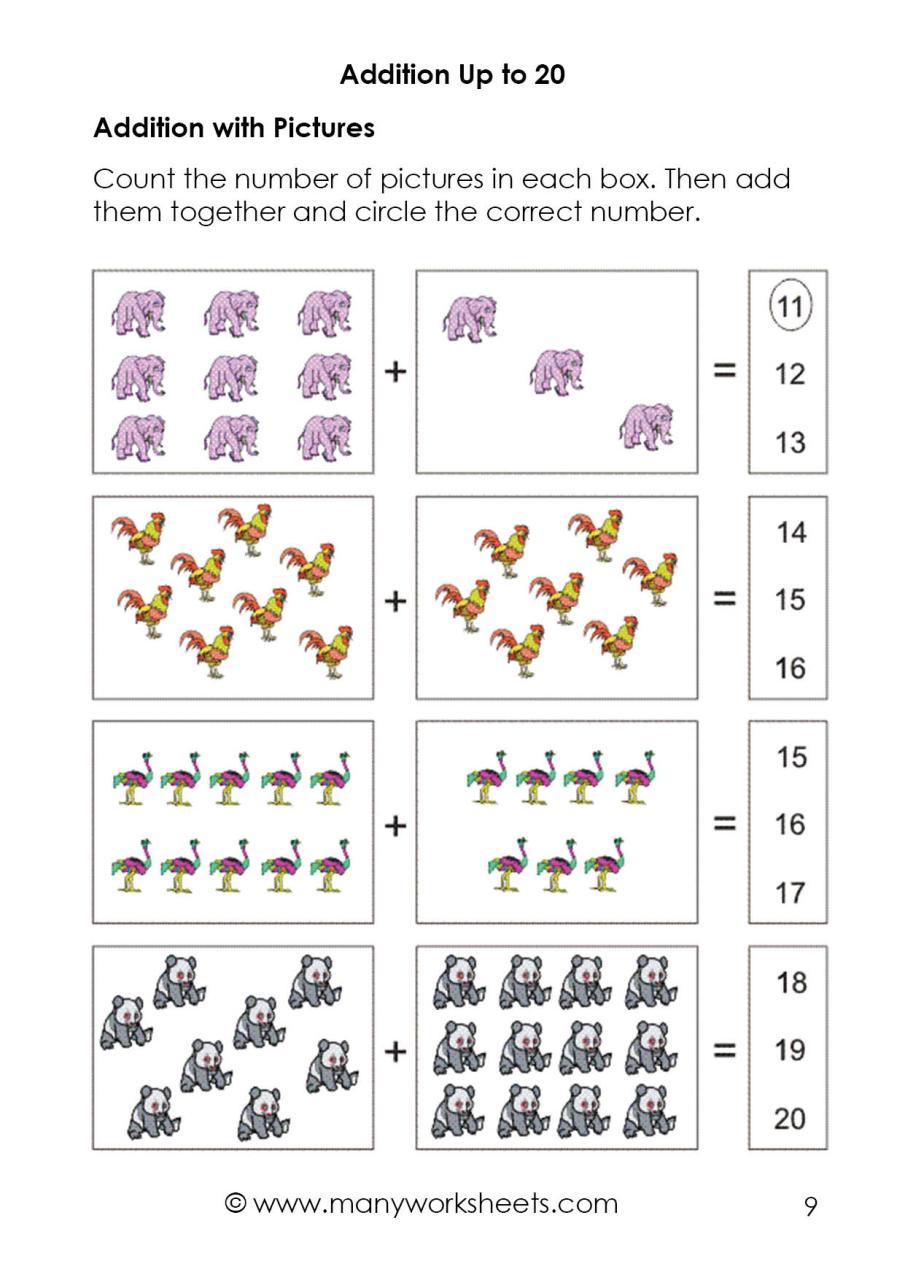 1st Grade Addition with Sum up to 20 Worksheets