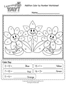 Addition Color by Number Worksheet for 1st Grade (Free Printable)