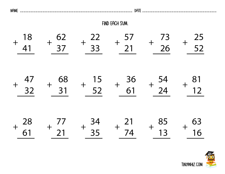 Free Addition Worksheets Without Regrouping