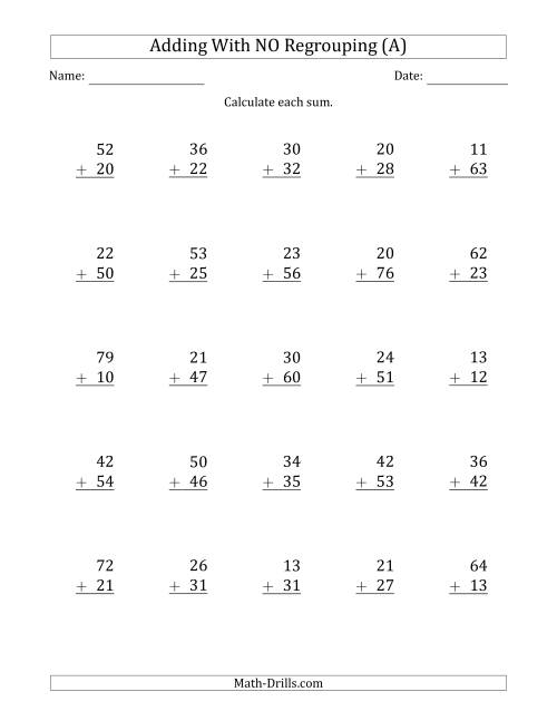 2Digit Addition with No Regrouping (A) Addition Worksheet