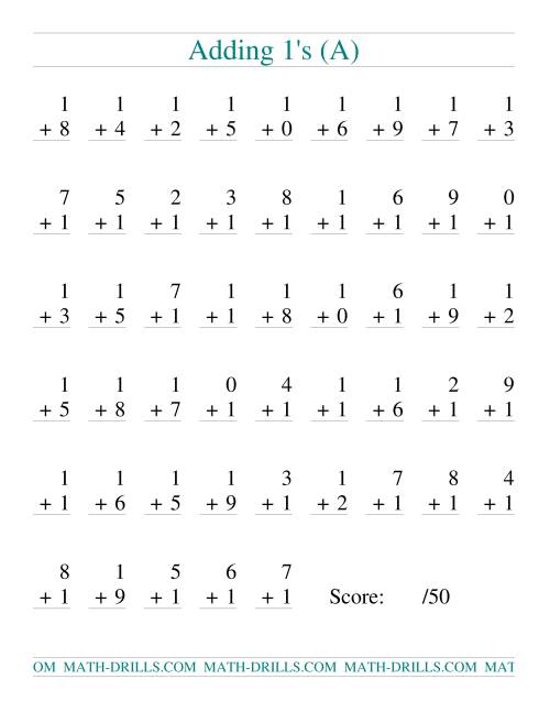Single Digit Addition 50 Vertical Questions Adding Ones (A)