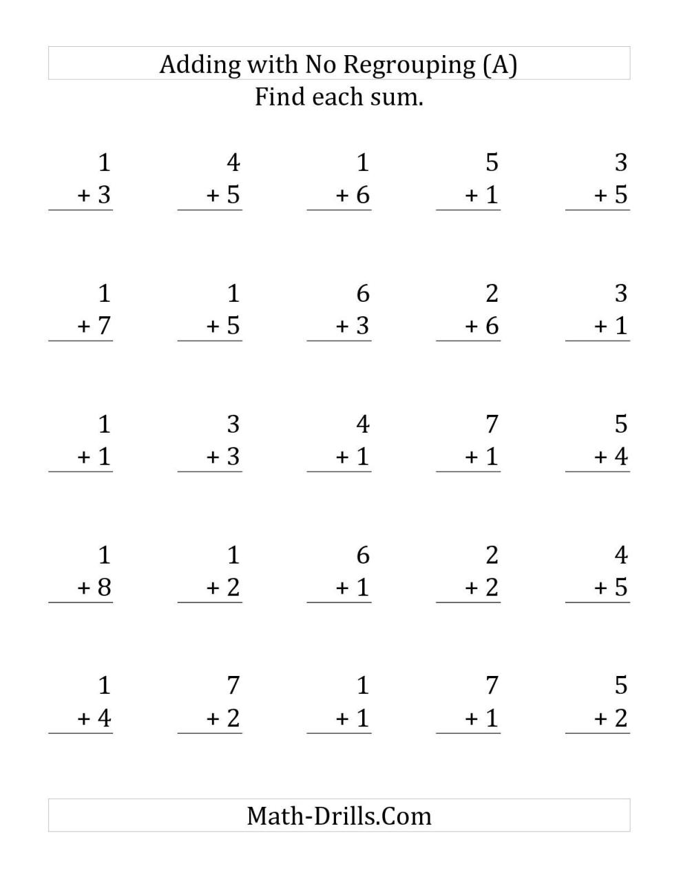 25 SingleDigit Addition Questions with No Regrouping (A) Math
