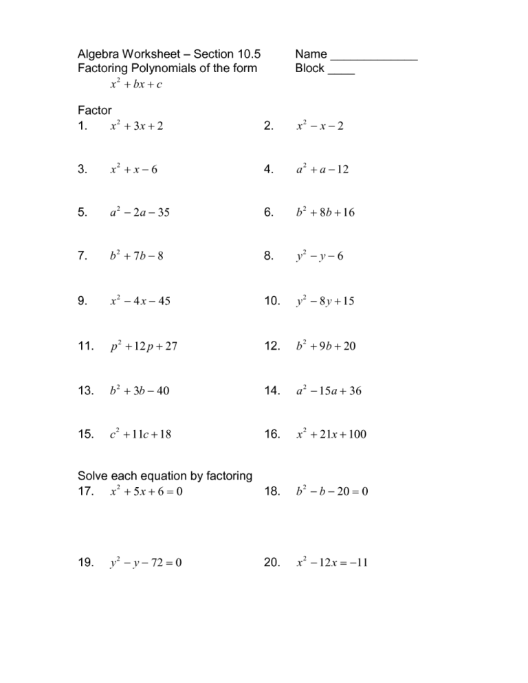 Algebra Review Worksheets Pdf