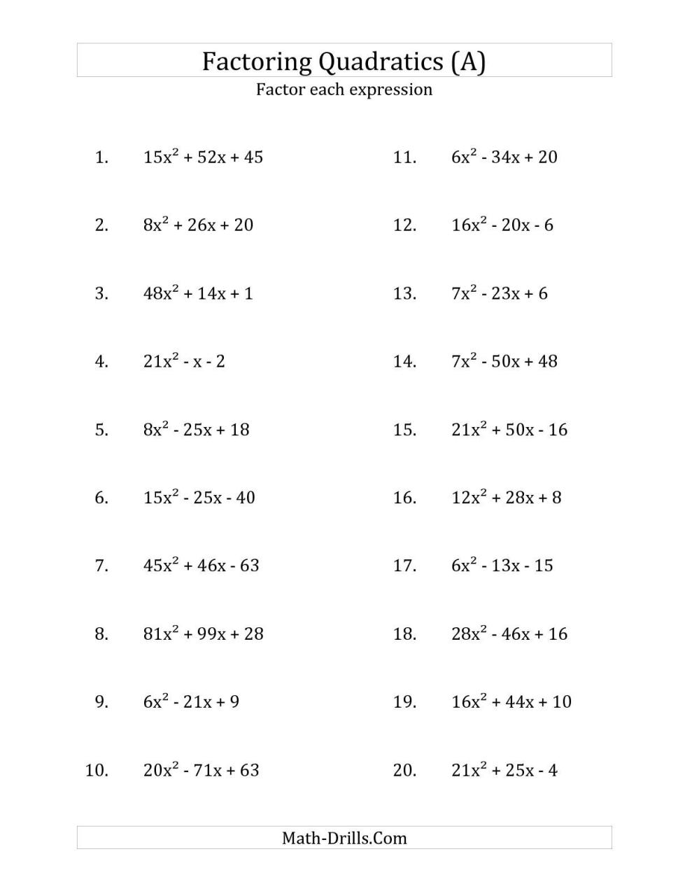 Algebra 2 Quadratic Formula Worksheet Answers