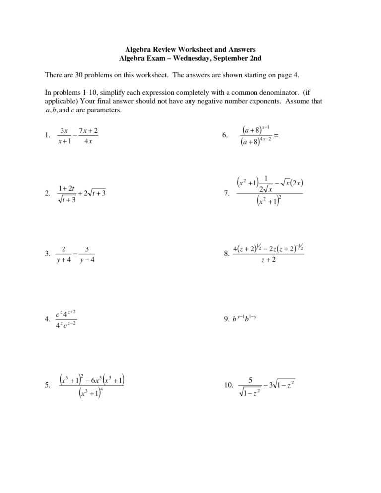 Algebra Worksheets And Answer Key