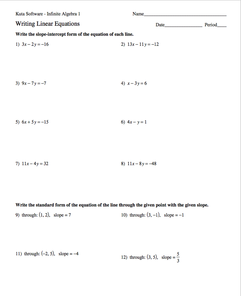 Algebra 1 Point Slope Form Practice Worksheet Answers
