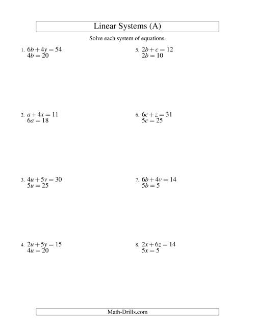 Systems of Linear Equations Two Variables Easy (A) Algebra Worksheet