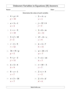 Unknown Variables in Equations All Operations Range 1 to 9 Any