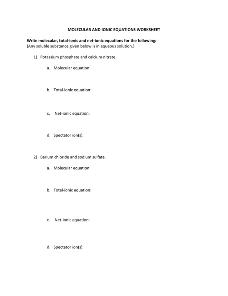 Net Ionic Equation Worksheet 10-4 Answers