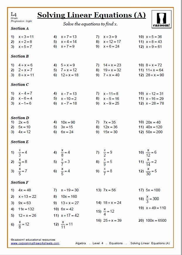 Algebra Equations Worksheet Pdf