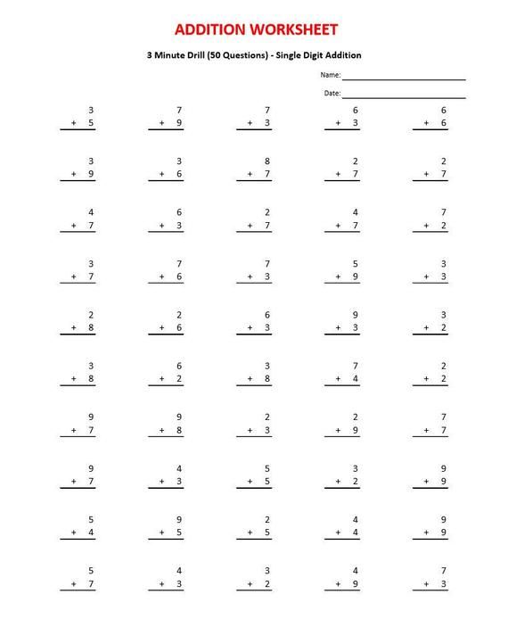 ADDITION 3 MINUTE DRILL 10 Worksheets pdf/ Year 1 2 3/ Etsy Math