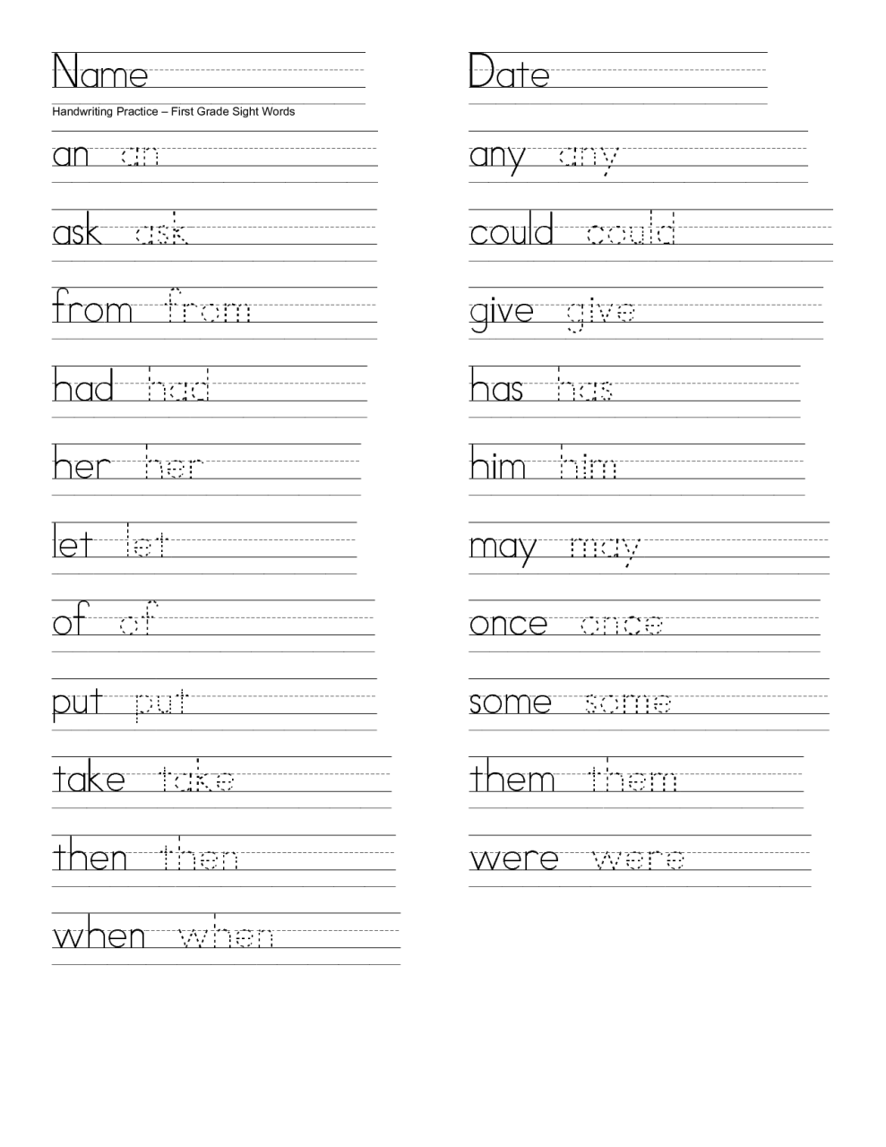 Handwriting Practice For Kids Words