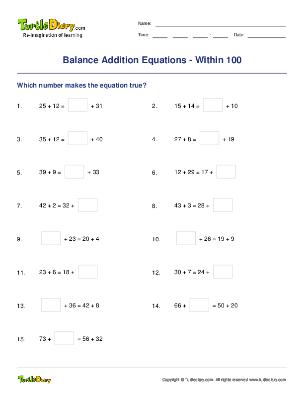 Balance Addition Equations Within 100 Worksheet Turtle Diary
