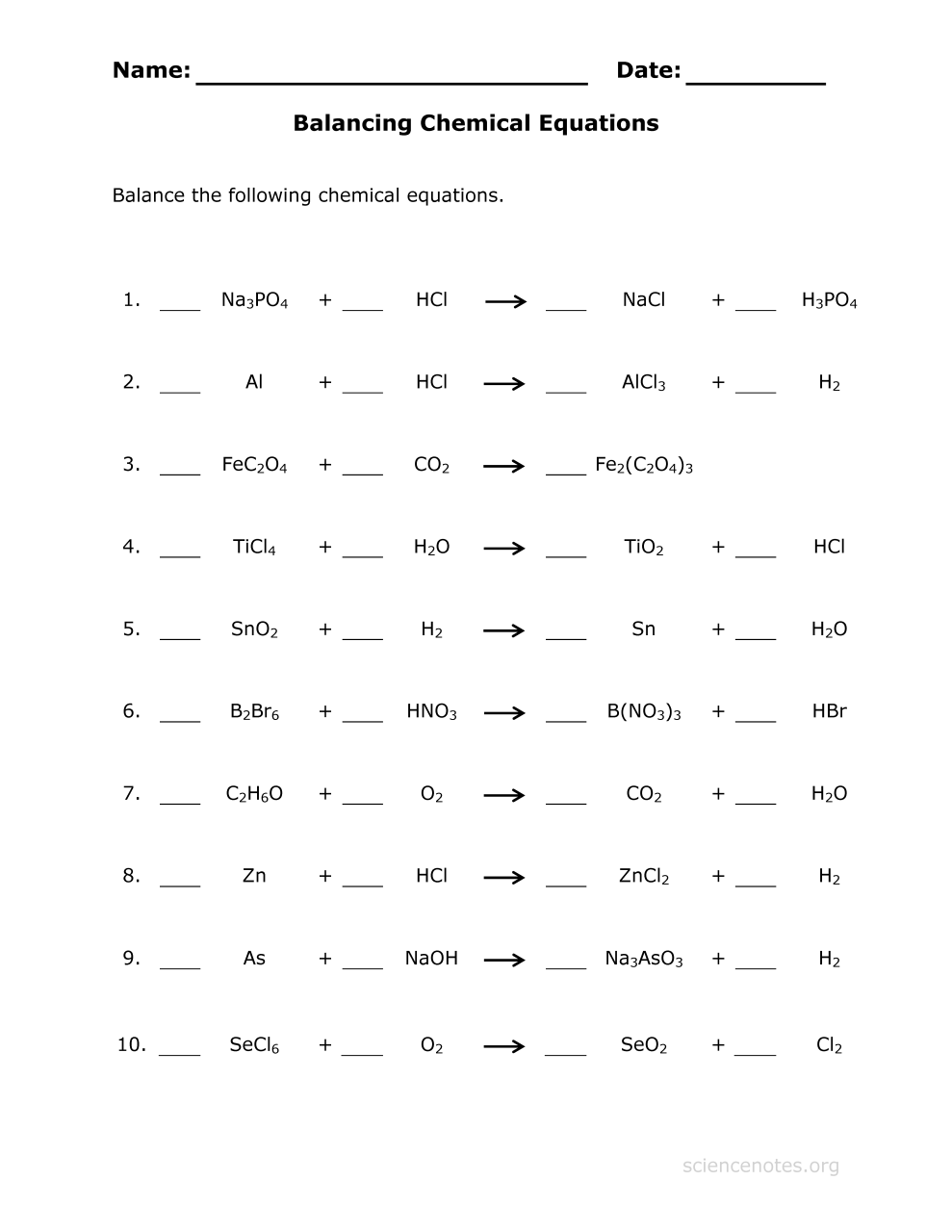 Balancing Equations Chem Worksheet 10-2 Answer Key