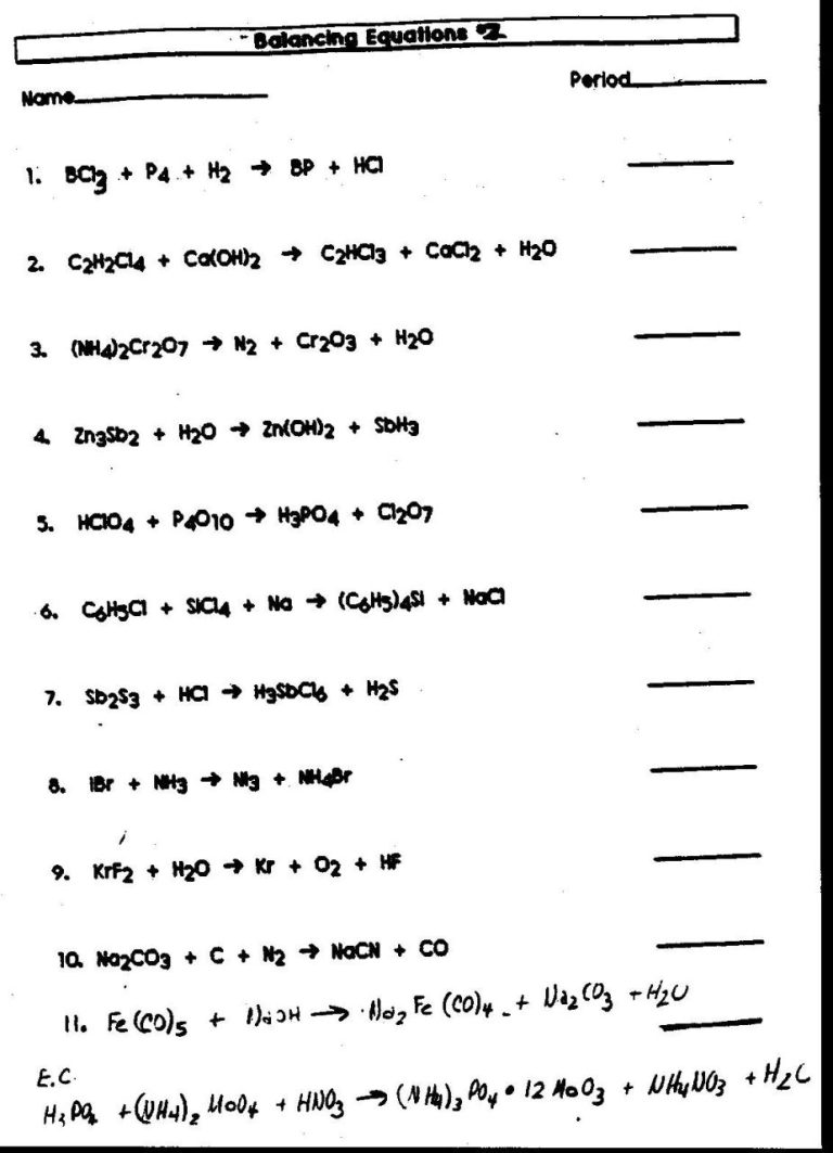 Balance The Following Equations Worksheet Answers