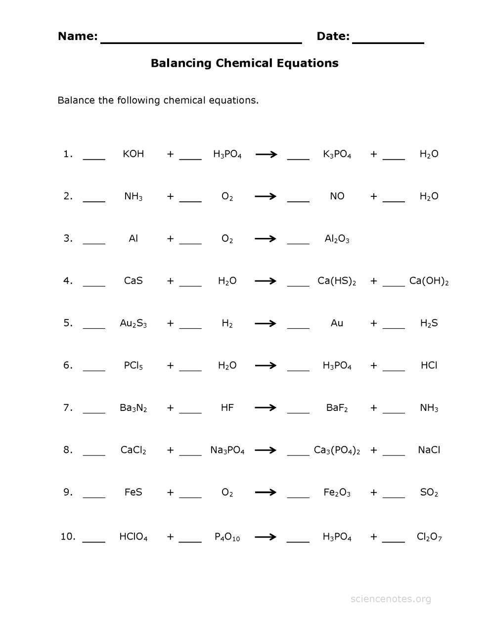 Balance Chemistry Equations Worksheet