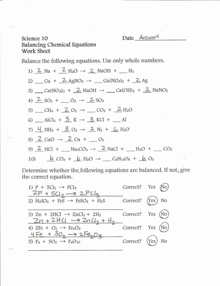 Balancing Equations Worksheet With Answers Key