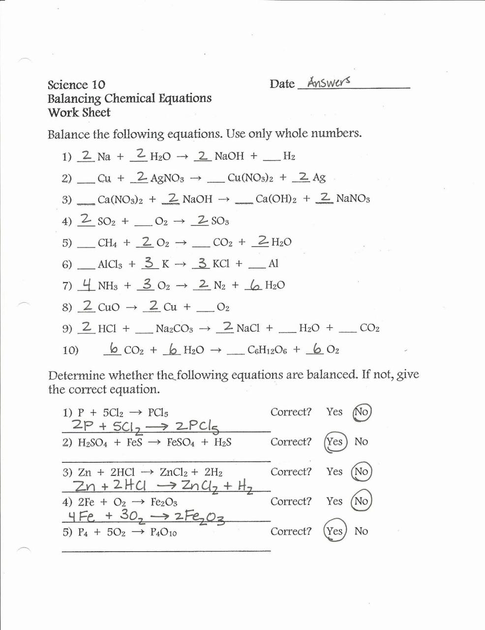 Balancing Equations Practice Sheet Answers
