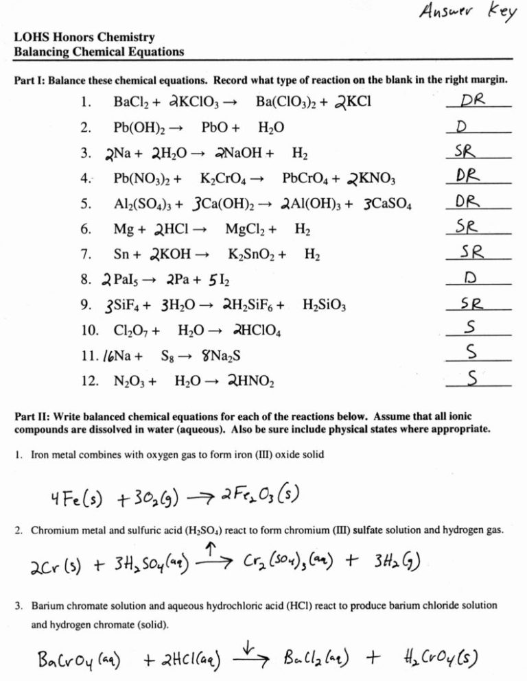Balance Chemical Equations Worksheet Answer Key