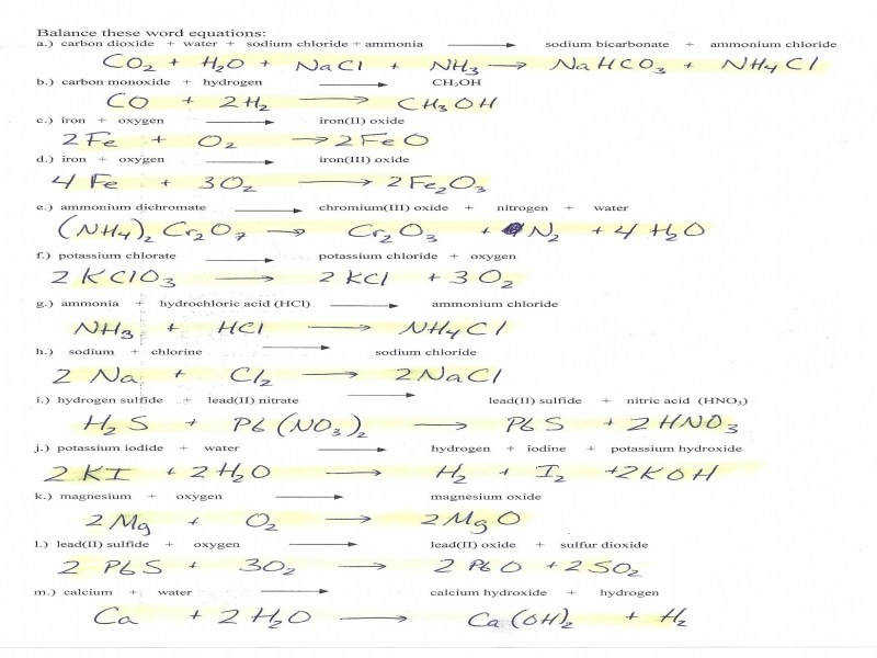 Balancing Chemical Equations Worksheet Answers N2 H2 Nh3