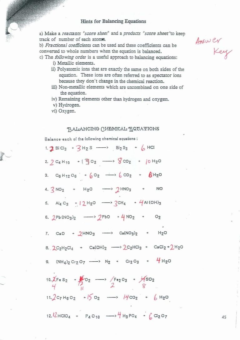Balancing Equations Worksheet Answers Chemistry A Study Of Matter