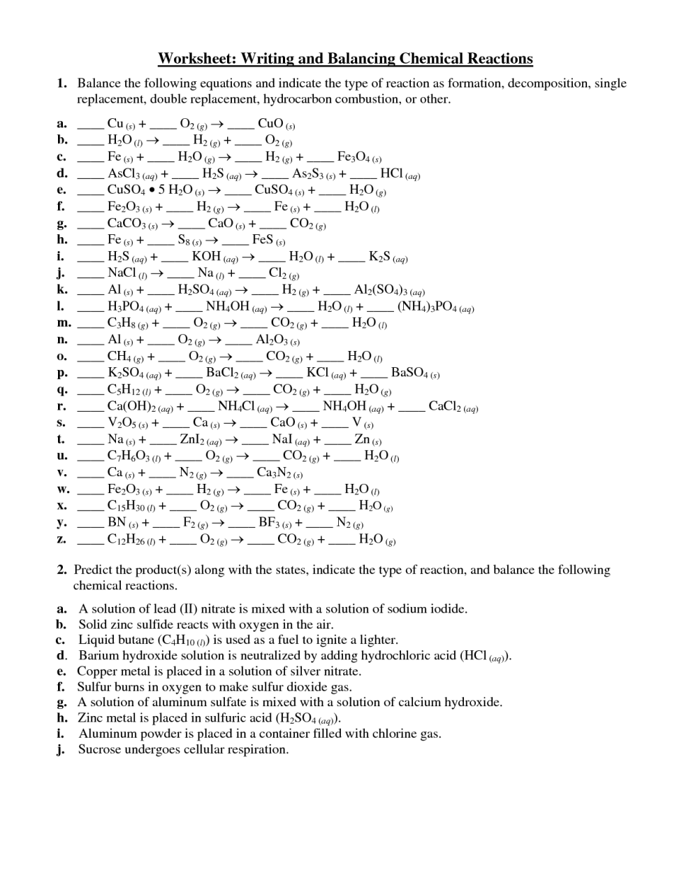 Chemistry Balancing Equations Worksheet 1 Answer Key