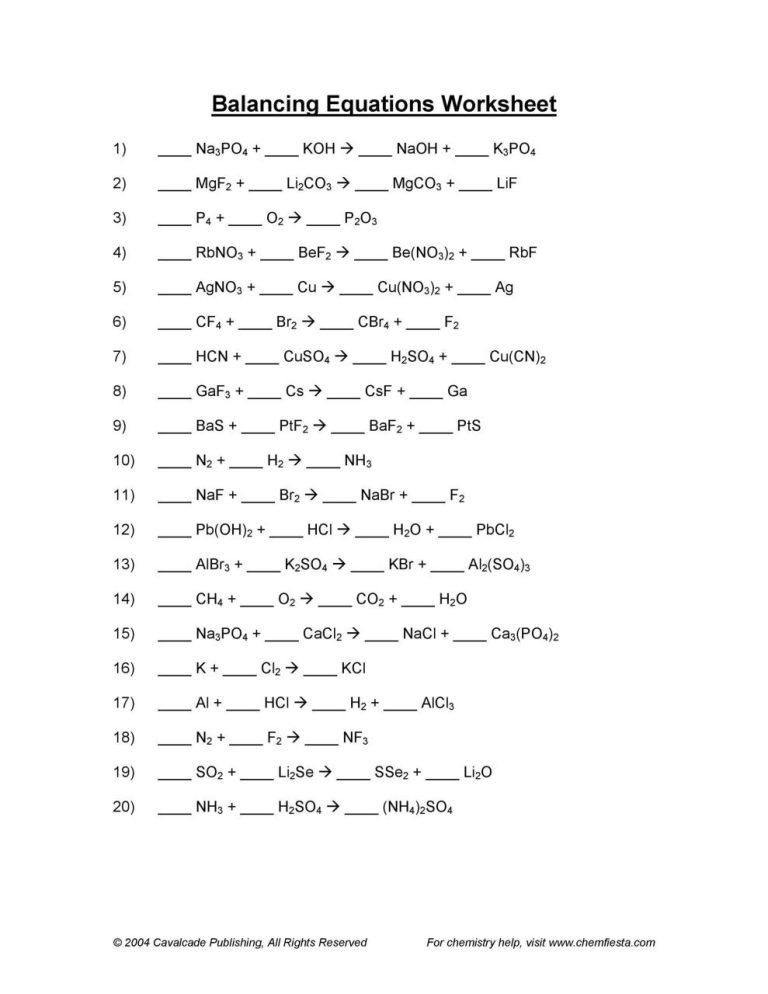 Balancing Equations Worksheet Answer Sheet