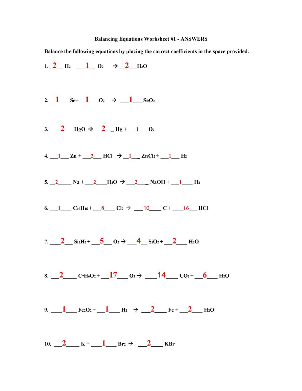Chemistry Balancing Equations Worksheet Key / Balancing Equations