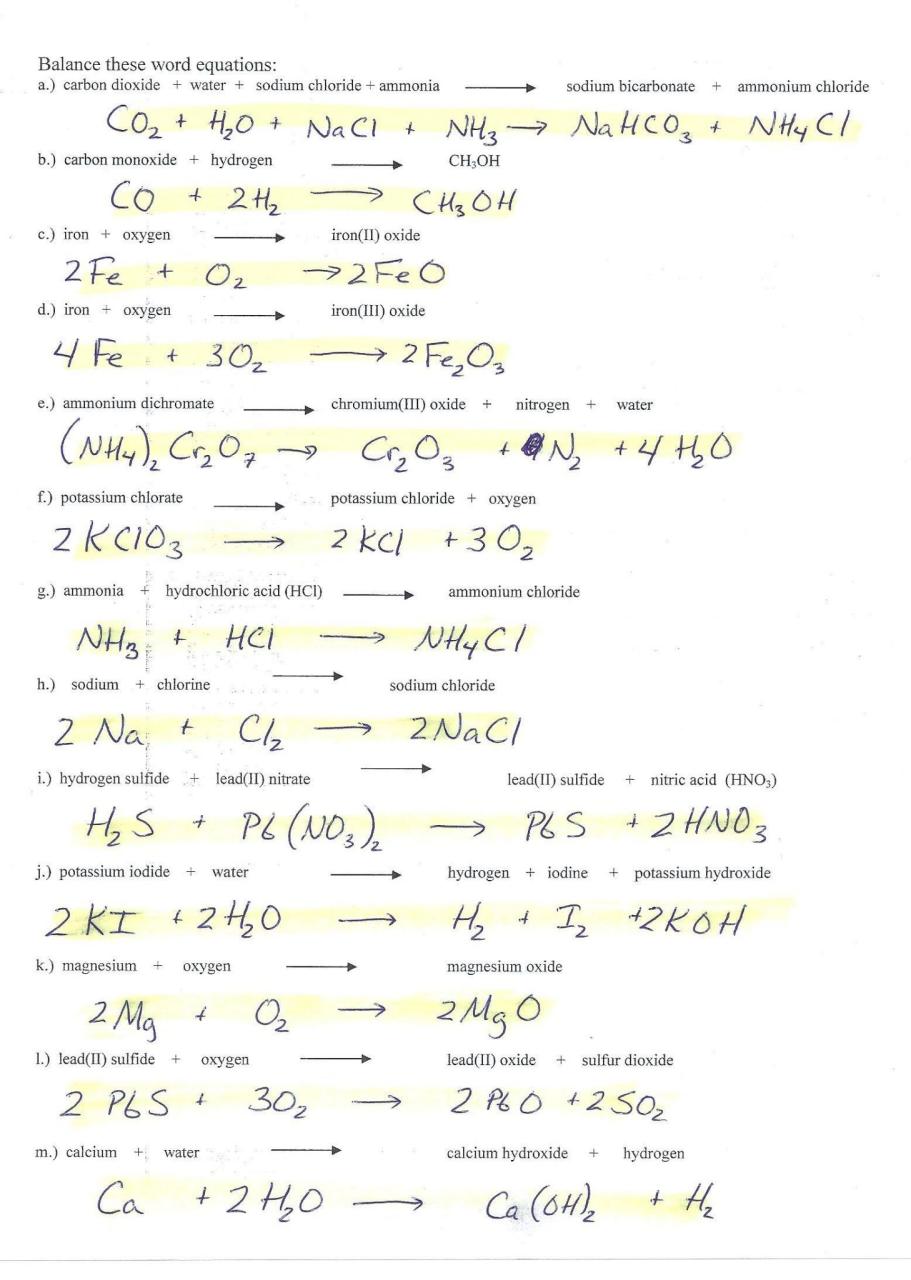Balancing Equations Practice Worksheet Answers Part A