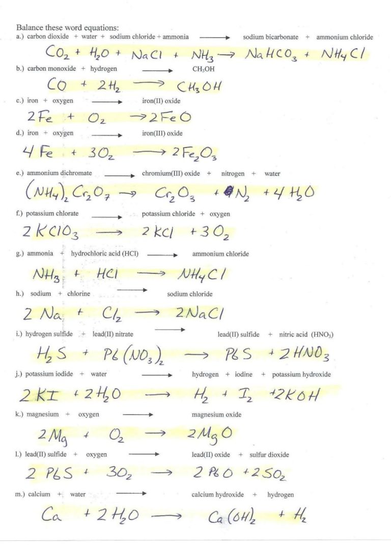 Balancing Equations Practice Worksheet Answers Chemistry