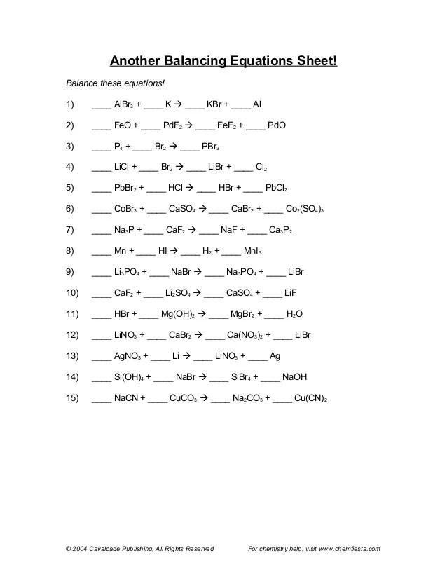 Balancing Equation Practice Worksheet Phet Balancing Chemical Equations