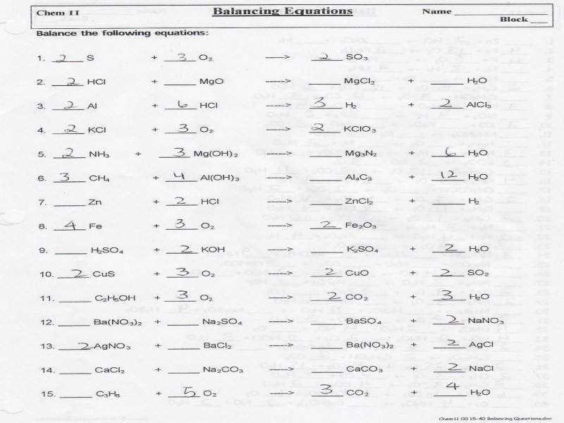 Balancing Equations Practice Worksheet Answers Chemfiesta