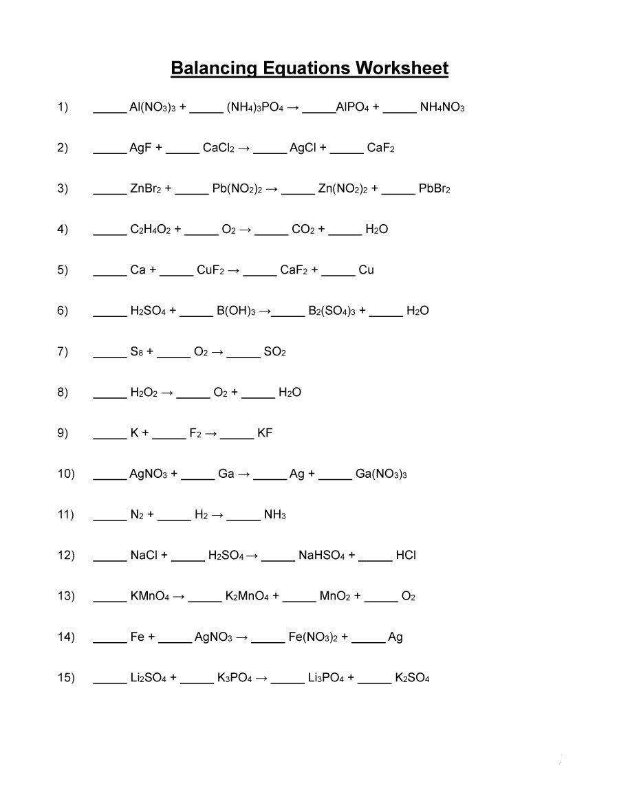 Chemistry Balancing Equations Worksheet With Answers